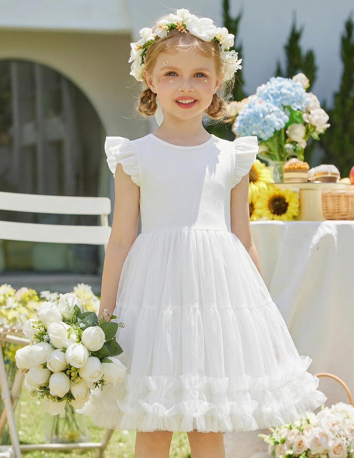 image:imageArshiner Toddler Tutu Dress Girls Summer Ruffle Sleeve Tulle Sundress Birthday Party Dresses 38YWhite
