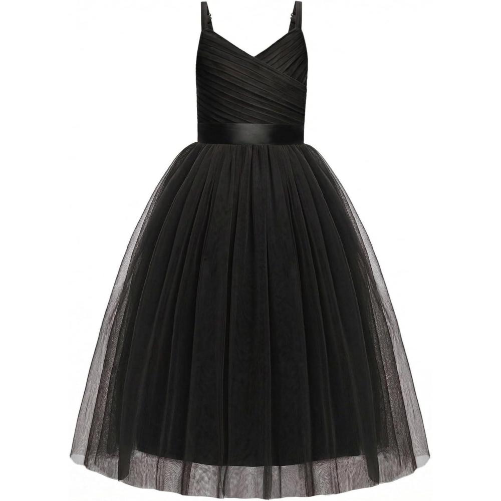 image:imageArshiner Flower Girl Dress Spaghetti Strap Tulle Long Formal Wedding Pageant Party Fancy Princess Ball Gown DressesBlack