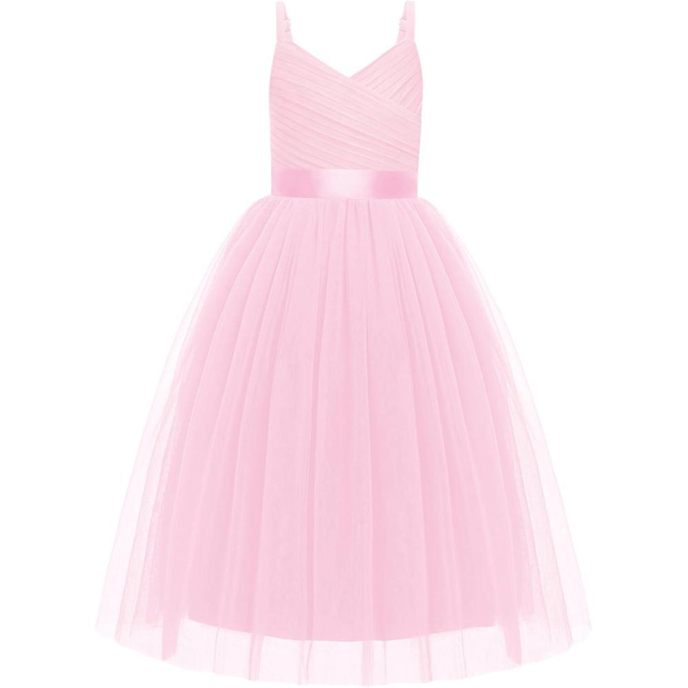 image:imageArshiner Flower Girl Dress Spaghetti Strap Tulle Long Formal Wedding Pageant Party Fancy Princess Ball Gown DressesLight Pink