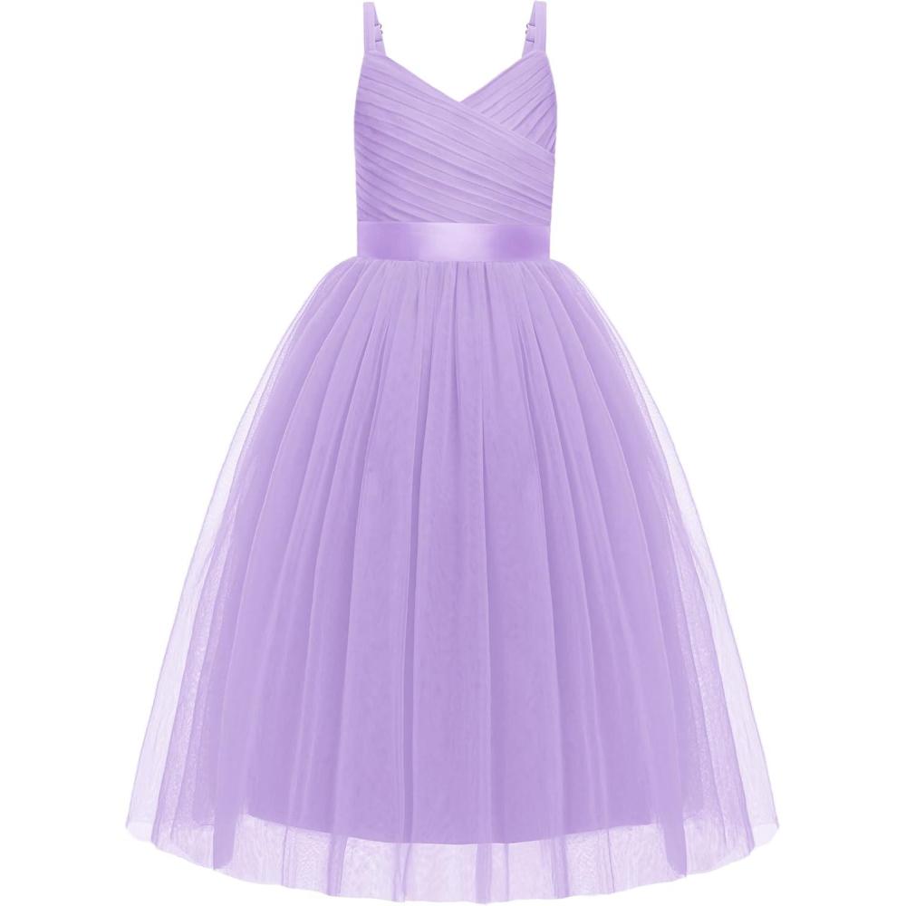 image:imageArshiner Flower Girl Dress Spaghetti Strap Tulle Long Formal Wedding Pageant Party Fancy Princess Ball Gown DressesLight Purple