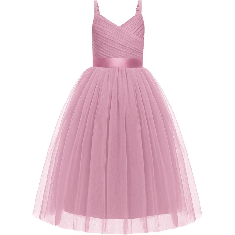 image:imageArshiner Flower Girl Dress Spaghetti Strap Tulle Long Formal Wedding Pageant Party Fancy Princess Ball Gown DressesPink