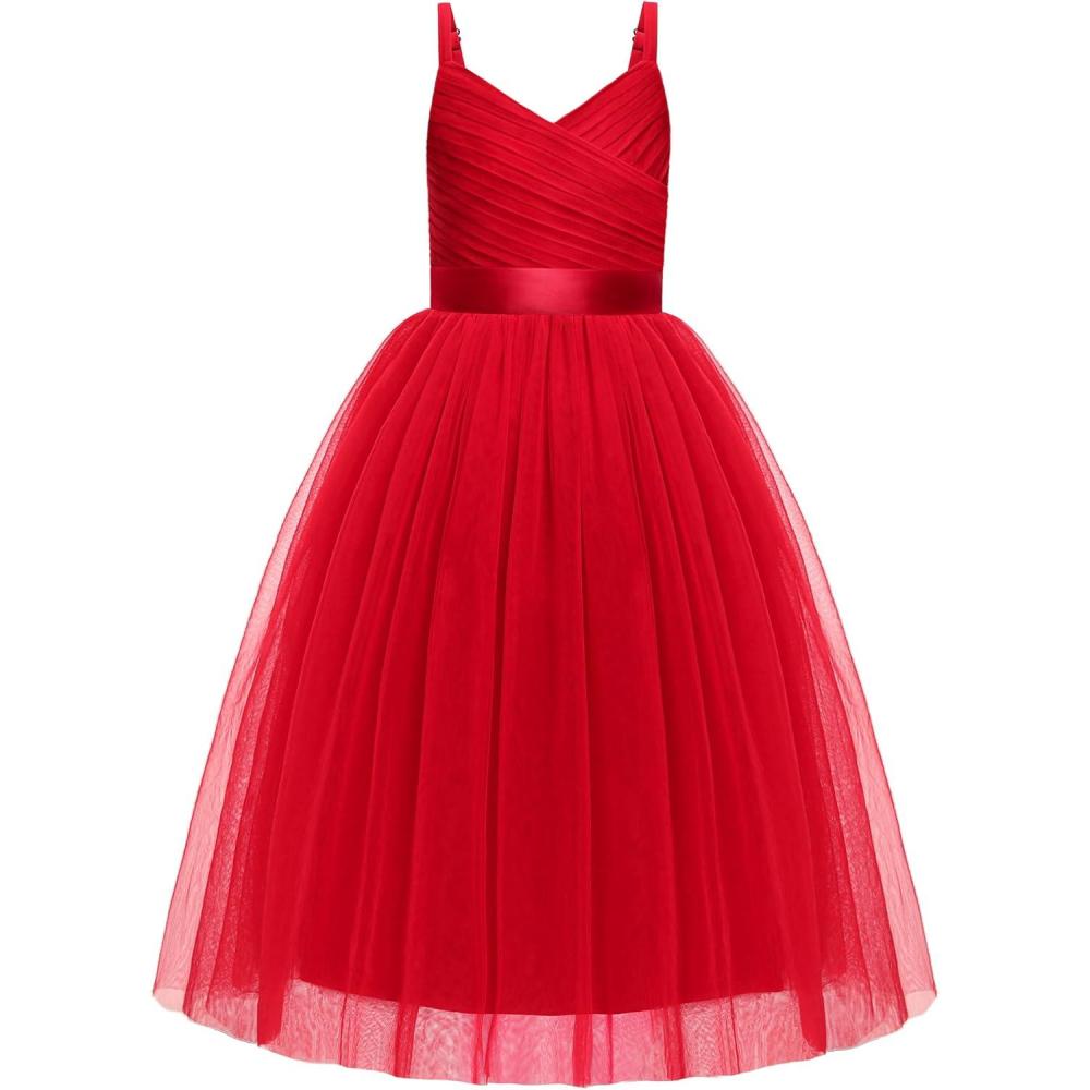 image:imageArshiner Flower Girl Dress Spaghetti Strap Tulle Long Formal Wedding Pageant Party Fancy Princess Ball Gown DressesRed