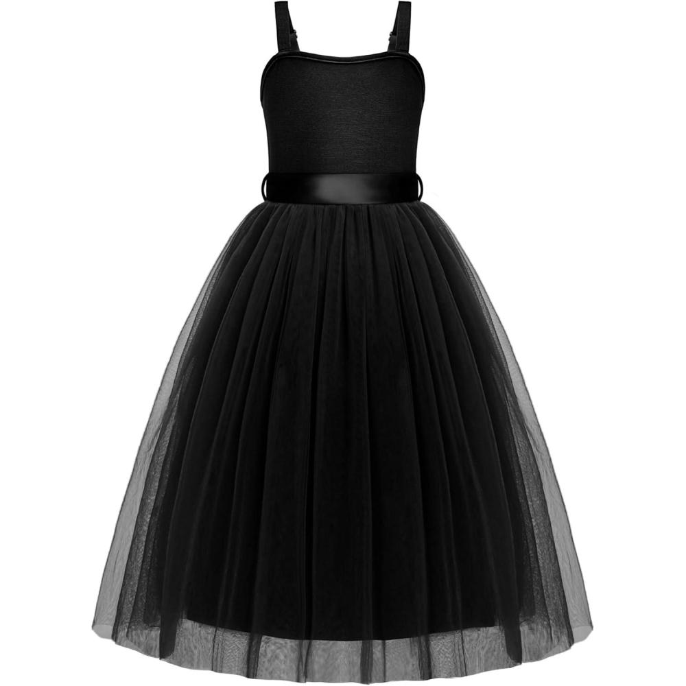 image:imageArshiner Flower Girls Dress Spaghetti Strap Formal Wedding Pageant Party Tulle Long Dresses with BeltBlack