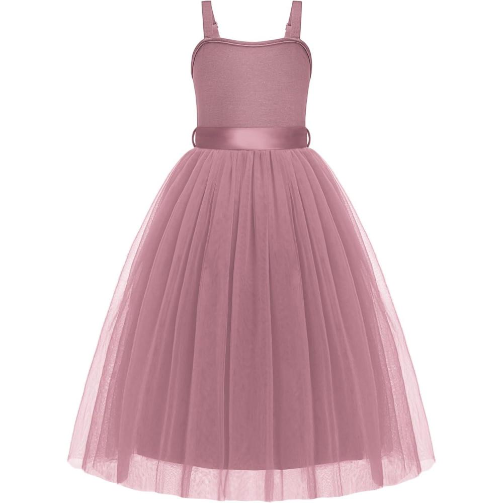 image:imageArshiner Flower Girls Dress Spaghetti Strap Formal Wedding Pageant Party Tulle Long Dresses with BeltDusty Rose