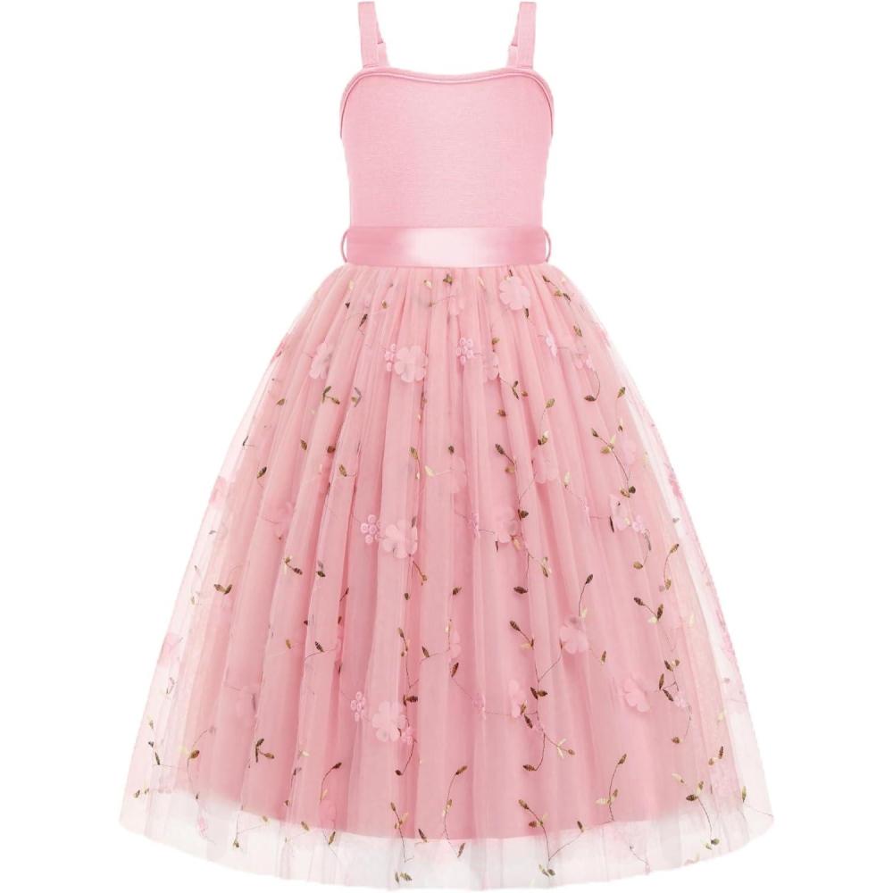 image:imageArshiner Flower Girls Dress Spaghetti Strap Formal Wedding Pageant Party Tulle Long Dresses with BeltPink Floral