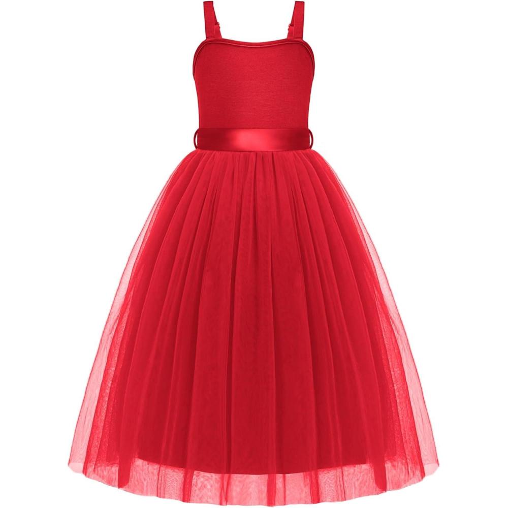 image:imageArshiner Flower Girls Dress Spaghetti Strap Formal Wedding Pageant Party Tulle Long Dresses with BeltRed