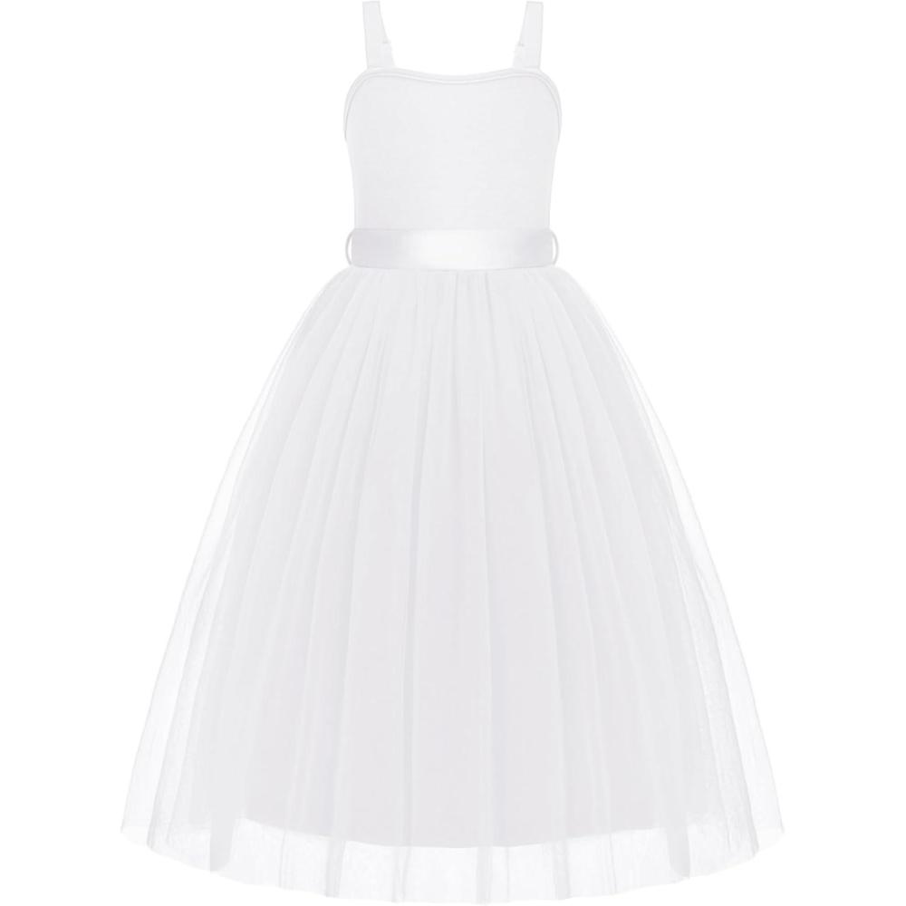 image:imageArshiner Flower Girls Dress Spaghetti Strap Formal Wedding Pageant Party Tulle Long Dresses with BeltWhite