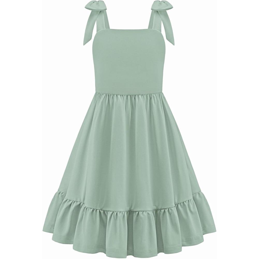 image:imageArshiner Girls Summer Dress Bowknot Strap Casual Sleeveless Tiered Sundress with Pockets 614 YearsLight Green