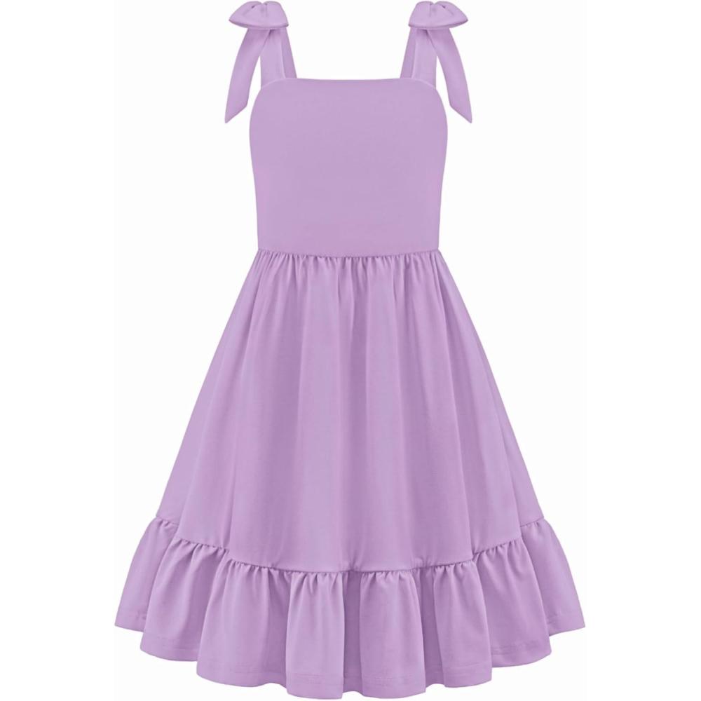 image:imageArshiner Girls Summer Dress Bowknot Strap Casual Sleeveless Tiered Sundress with Pockets 614 YearsPurple