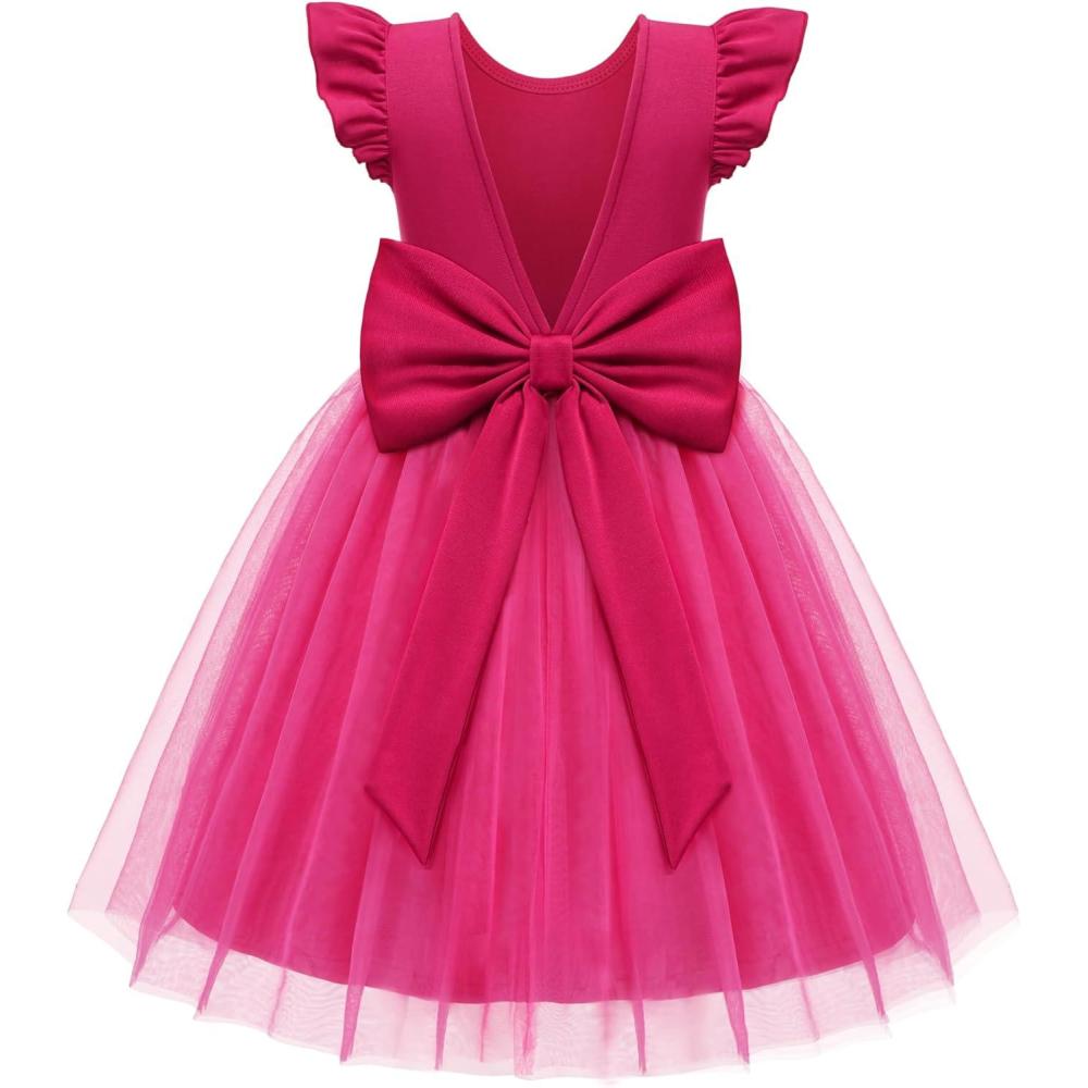 image:imageArshiner Toddler Flower Girl Dress VBack Bowknot Birthday Party Formal Ball Gown Prom Tulle DressesHot Pink