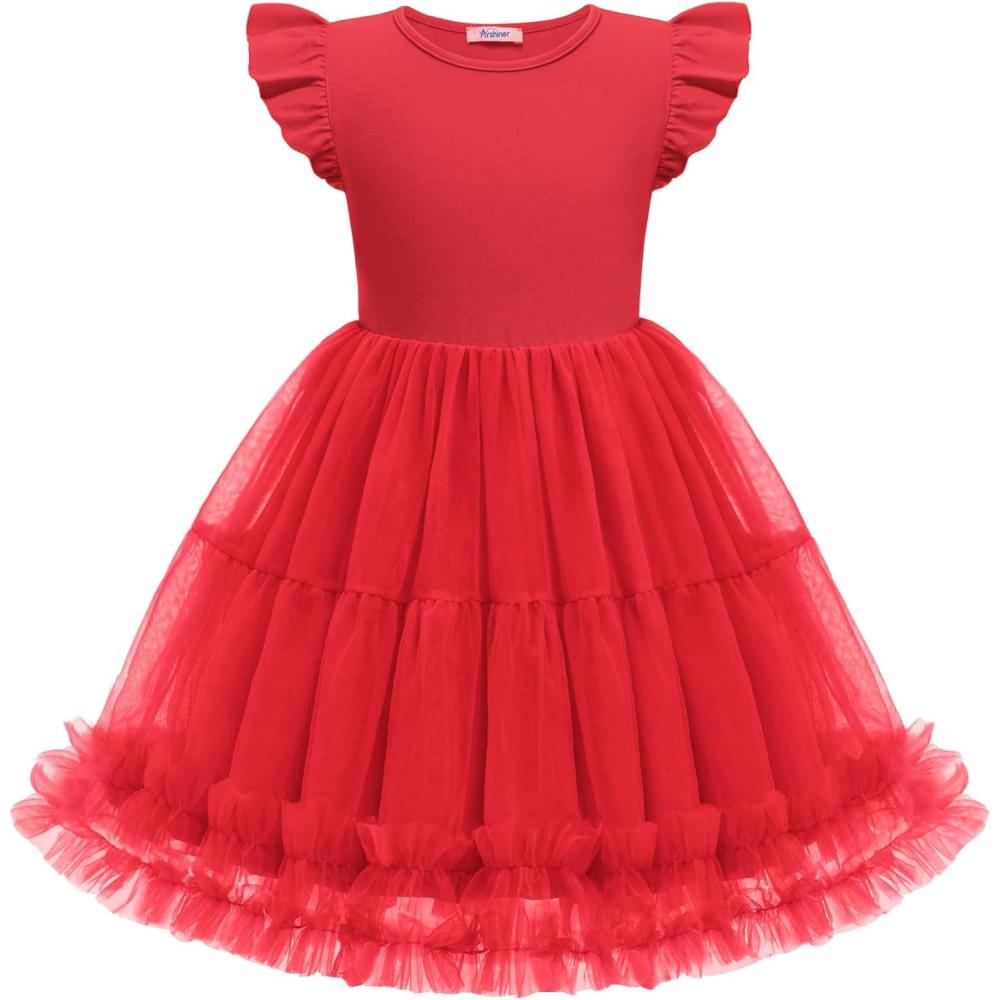 image:imageArshiner Toddler Tutu Dress Girls Summer Ruffle Sleeve Tulle Sundress Birthday Party Dresses 38YRed