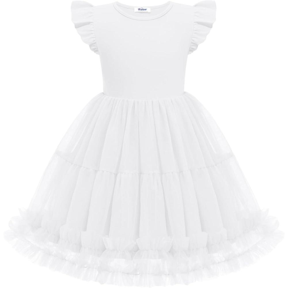 image:imageArshiner Toddler Tutu Dress Girls Summer Ruffle Sleeve Tulle Sundress Birthday Party Dresses 38YWhite