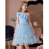 Arshiner Girls Dresses Ruffle Trim Off Shoulder Formal Wedding Party Fancy Summer Tulle Dress for 6-14 Years(Blue Floral)