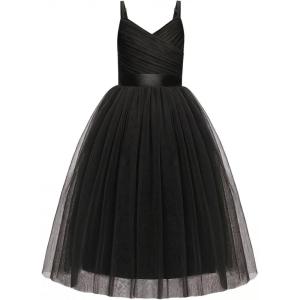 Arshiner Flower Girl Dress Spaghetti Strap Tulle Long Formal Wedding Pageant Party Fancy Princess Ball Gown Dresses(Black)