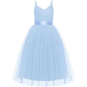 Arshiner Flower Girl Dress Spaghetti Strap Tulle Long Formal Wedding Pageant Party Fancy Princess Ball Gown Dresses(Light Blue)
