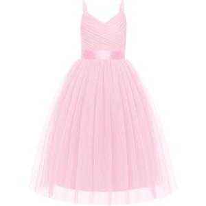 Arshiner Flower Girl Dress Spaghetti Strap Tulle Long Formal Wedding Pageant Party Fancy Princess Ball Gown Dresses(Light Pink)