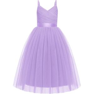Arshiner Flower Girl Dress Spaghetti Strap Tulle Long Formal Wedding Pageant Party Fancy Princess Ball Gown Dresses(Light Purple)