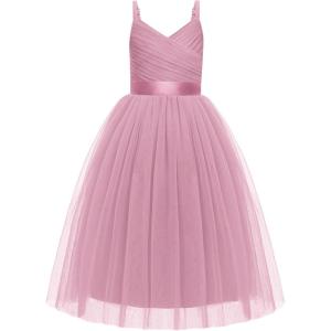 Arshiner Flower Girl Dress Spaghetti Strap Tulle Long Formal Wedding Pageant Party Fancy Princess Ball Gown Dresses(Pink)