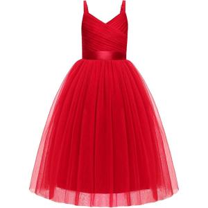 Arshiner Flower Girl Dress Spaghetti Strap Tulle Long Formal Wedding Pageant Party Fancy Princess Ball Gown Dresses(Red)