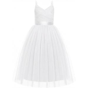 Arshiner Flower Girl Dress Spaghetti Strap Tulle Long Formal Wedding Pageant Party Fancy Princess Ball Gown Dresses(White)