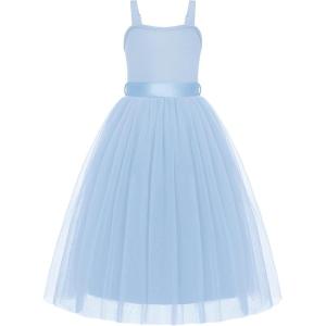 Arshiner Flower Girls Dress Spaghetti Strap Formal Wedding Pageant Party Tulle Long Dresses with Belt(Blue)