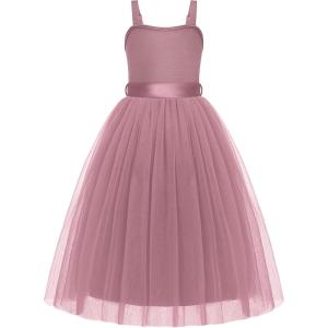 Arshiner Flower Girls Dress Spaghetti Strap Formal Wedding Pageant Party Tulle Long Dresses with Belt(Dusty Rose)