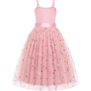 Arshiner Flower Girls Dress Spaghetti Strap Formal Wedding Pageant Party Tulle Long Dresses with Belt(Pink Floral)