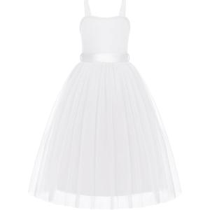 Arshiner Flower Girls Dress Spaghetti Strap Formal Wedding Pageant Party Tulle Long Dresses with Belt(White)