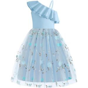 Arshiner Girls Dresses Ruffle Trim Off Shoulder Formal Wedding Party Fancy Summer Tulle Dress for 6-14 Years(Blue Floral)