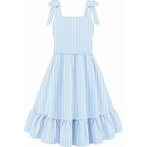 Arshiner Girls Summer Dress Bowknot Strap Casual Sleeveless Tiered Sundress with Pockets 6-14 Years(Blue Stripes)