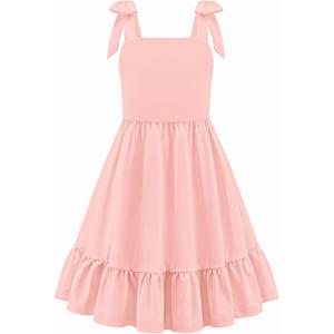 Arshiner Girls Summer Dress Bowknot Strap Casual Sleeveless Tiered Sundress with Pockets 6-14 Years(Light Pink)