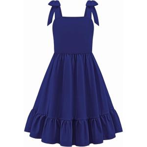 Arshiner Girls Summer Dress Bowknot Strap Casual Sleeveless Tiered Sundress with Pockets 6-14 Years(Navy Blue)