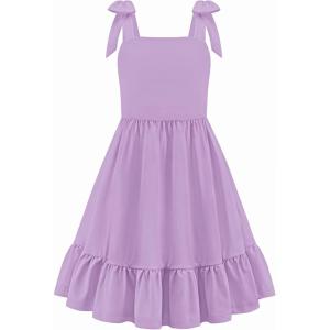 Arshiner Girls Summer Dress Bowknot Strap Casual Sleeveless Tiered Sundress with Pockets 6-14 Years(Purple)