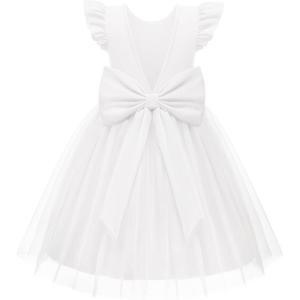 Arshiner Toddler Flower Girl Dress V-Back Bowknot Birthday Party Formal Ball Gown Prom Tulle Dresses(White)
