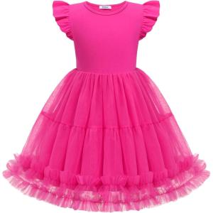 Arshiner Toddler Tutu Dress Girls Summer Ruffle Sleeve Tulle Sundress Birthday Party Dresses 3-8Y(Hot Pink)