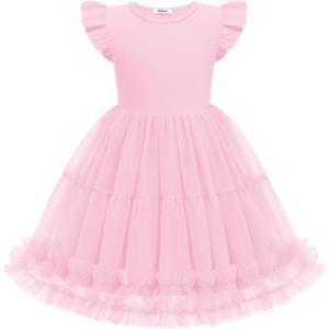 Arshiner Toddler Tutu Dress Girls Summer Ruffle Sleeve Tulle Sundress Birthday Party Dresses 3-8Y(Pink)