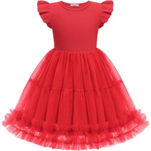 Arshiner Toddler Tutu Dress Girls Summer Ruffle Sleeve Tulle Sundress Birthday Party Dresses 3-8Y(Red)