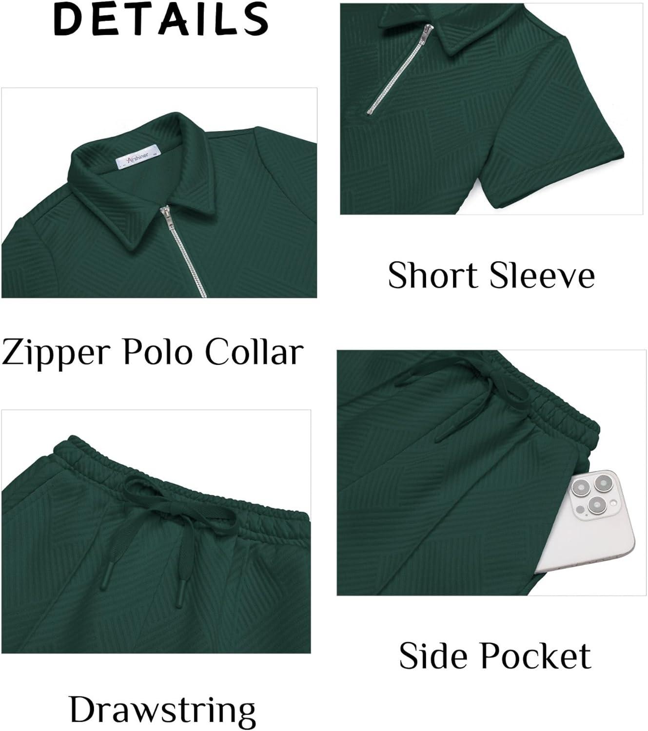 image:imageArshiner Boys 2Piece Outfits Short Sleeve Zip Polo Shirt amp Drawstring Shorts Set Kids Summer Track Suits 413 YearsDark Green