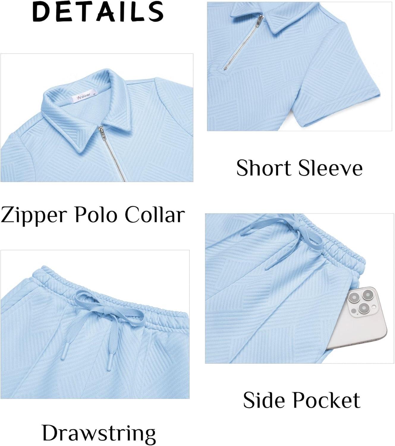 image:imageArshiner Boys 2Piece Outfits Short Sleeve Zip Polo Shirt amp Drawstring Shorts Set Kids Summer Track Suits 413 YearsLight Blue