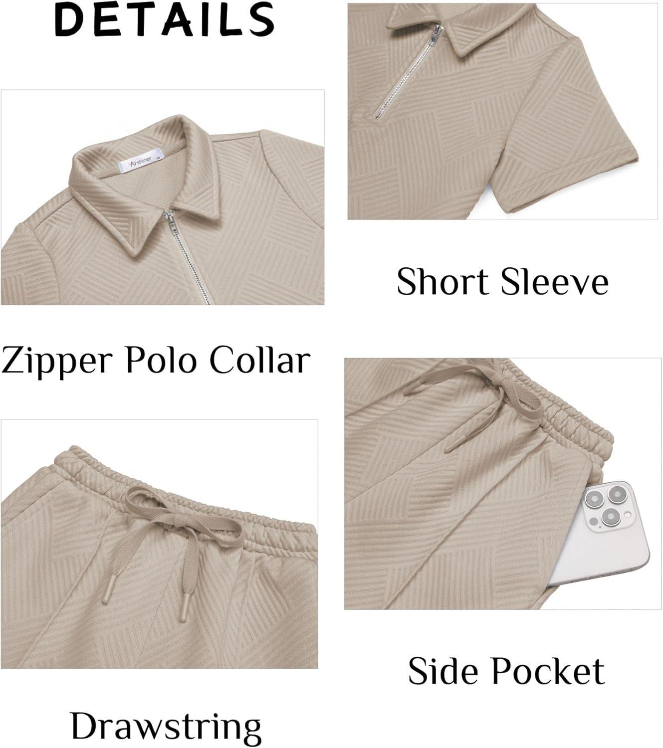 image:imageArshiner Boys 2Piece Outfits Short Sleeve Zip Polo Shirt amp Drawstring Shorts Set Kids Summer Track Suits 413 YearsLight Khaki