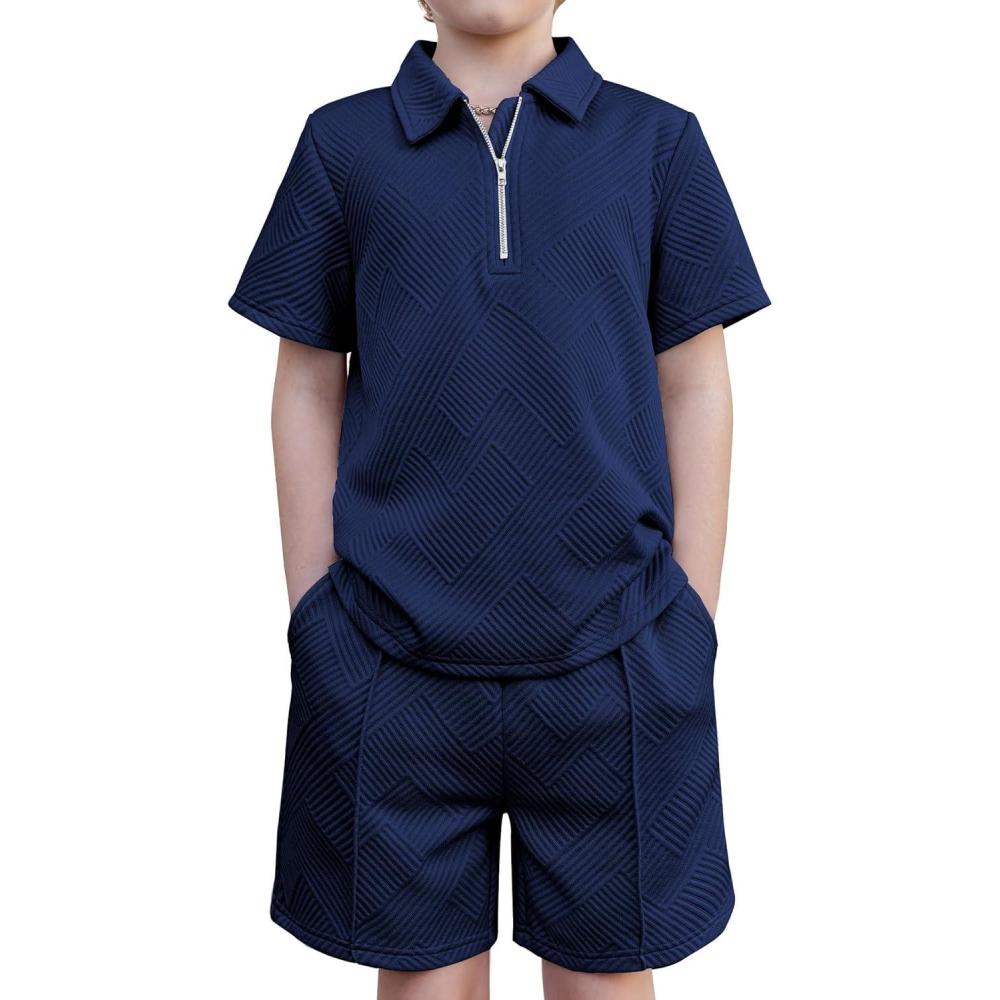 image:imageArshiner Boys 2Piece Outfits Short Sleeve Zip Polo Shirt amp Drawstring Shorts Set Kids Summer Track Suits 413 YearsDark Blue
