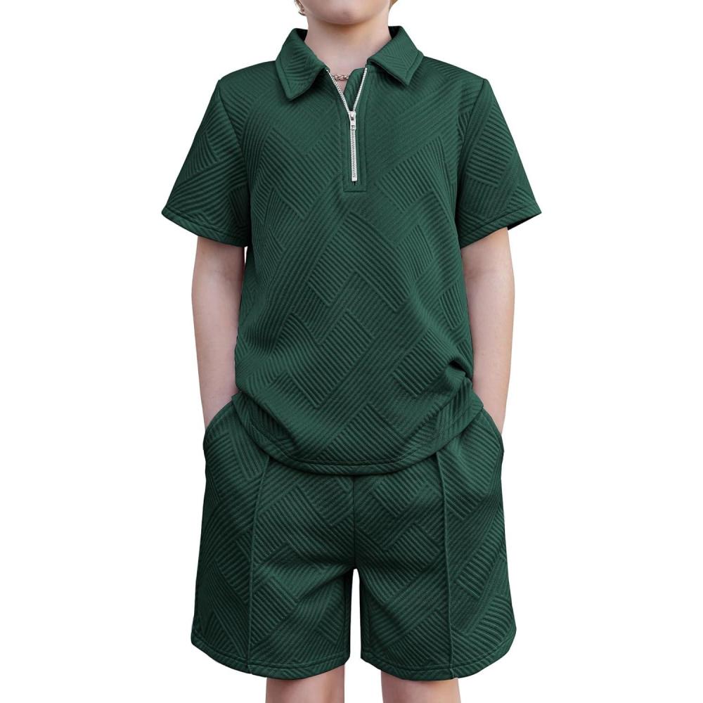 image:imageArshiner Boys 2Piece Outfits Short Sleeve Zip Polo Shirt amp Drawstring Shorts Set Kids Summer Track Suits 413 YearsDark Green