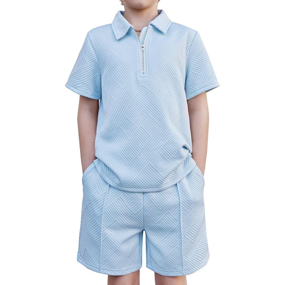 image:imageArshiner Boys 2Piece Outfits Short Sleeve Zip Polo Shirt amp Drawstring Shorts Set Kids Summer Track Suits 413 YearsLight Blue