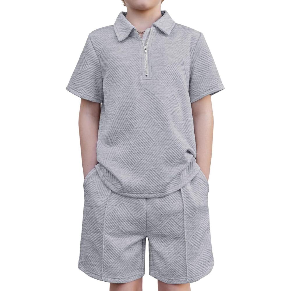 image:imageArshiner Boys 2Piece Outfits Short Sleeve Zip Polo Shirt amp Drawstring Shorts Set Kids Summer Track Suits 413 YearsLight Gray