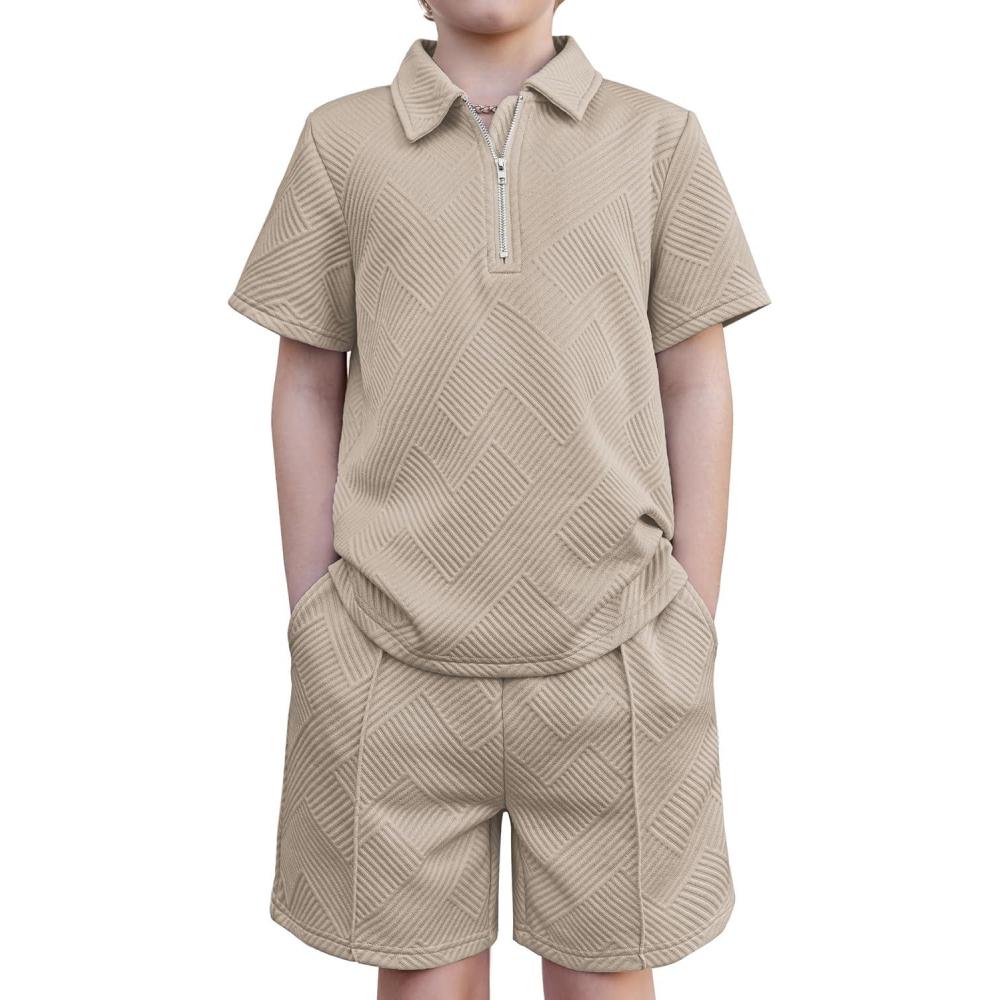 image:imageArshiner Boys 2Piece Outfits Short Sleeve Zip Polo Shirt amp Drawstring Shorts Set Kids Summer Track Suits 413 YearsLight Khaki