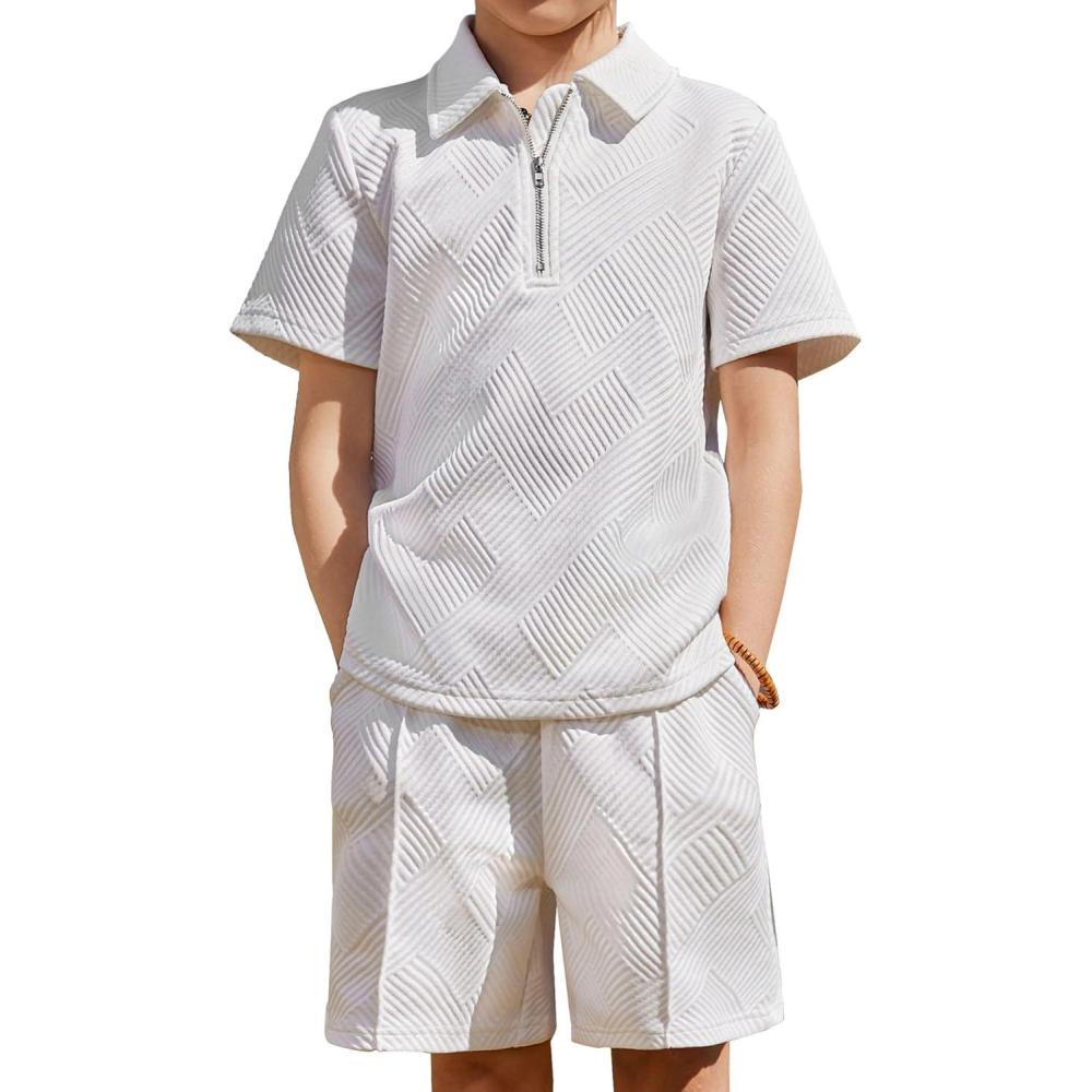 image:imageArshiner Boys 2Piece Outfits Short Sleeve Zip Polo Shirt amp Drawstring Shorts Set Kids Summer Track Suits 413 YearsWhite