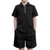 Arshiner Boys’ 2-Piece Outfits Short Sleeve Zip Polo Shirt & Drawstring Shorts Set Kids Summer Track Suits 4-13 Years(Black)
