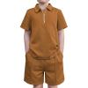 Arshiner Boys’ 2-Piece Outfits Short Sleeve Zip Polo Shirt & Drawstring Shorts Set Kids Summer Track Suits 4-13 Years(Brown)