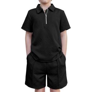 Arshiner Boys’ 2-Piece Outfits Short Sleeve Zip Polo Shirt & Drawstring Shorts Set Kids Summer Track Suits 4-13 Years(Black)