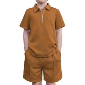 Arshiner Boys’ 2-Piece Outfits Short Sleeve Zip Polo Shirt & Drawstring Shorts Set Kids Summer Track Suits 4-13 Years(Brown)